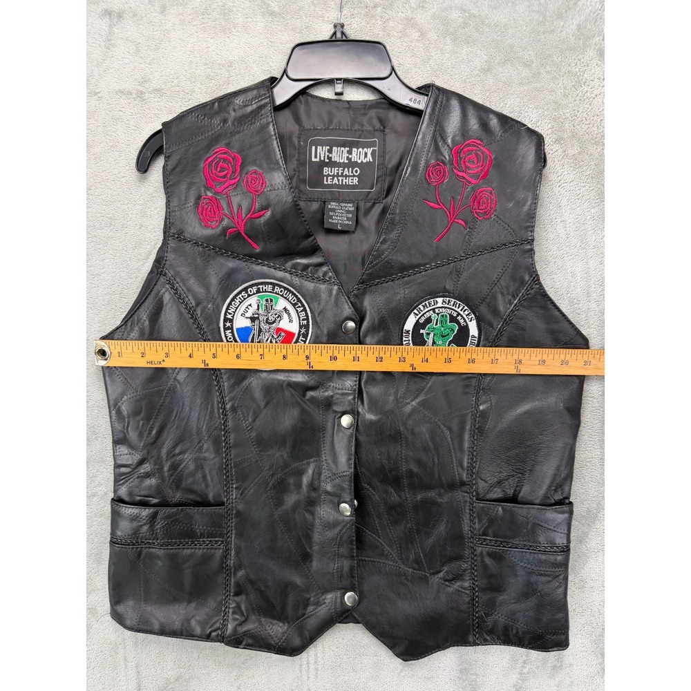 Live Ride Rock Women's Buffalo Leather Motorcycle Vest Sz‎ L Black Rose - Picture 2 of 8
